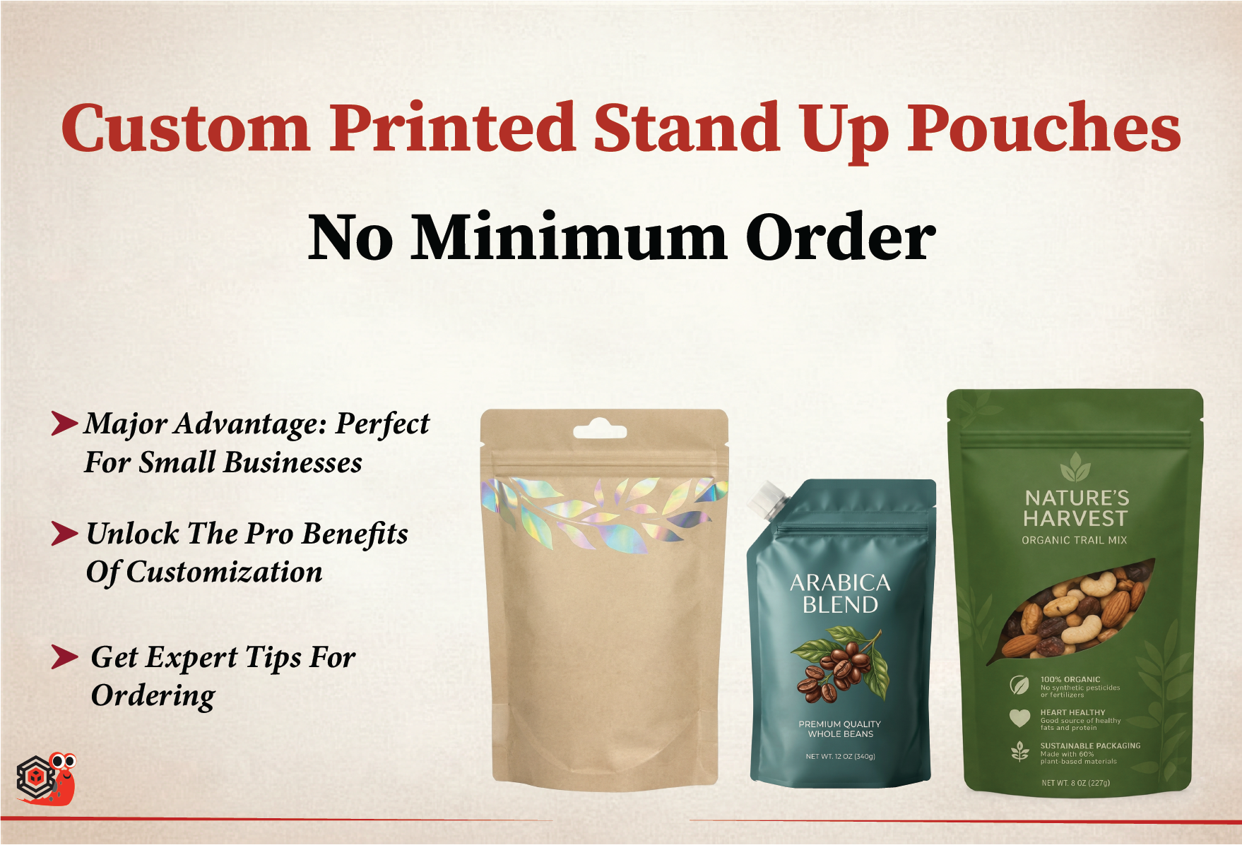 custom printed stand up pouches no minimum order