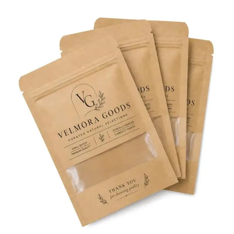 kraft stand up pouch with transparent window for visibility of the product