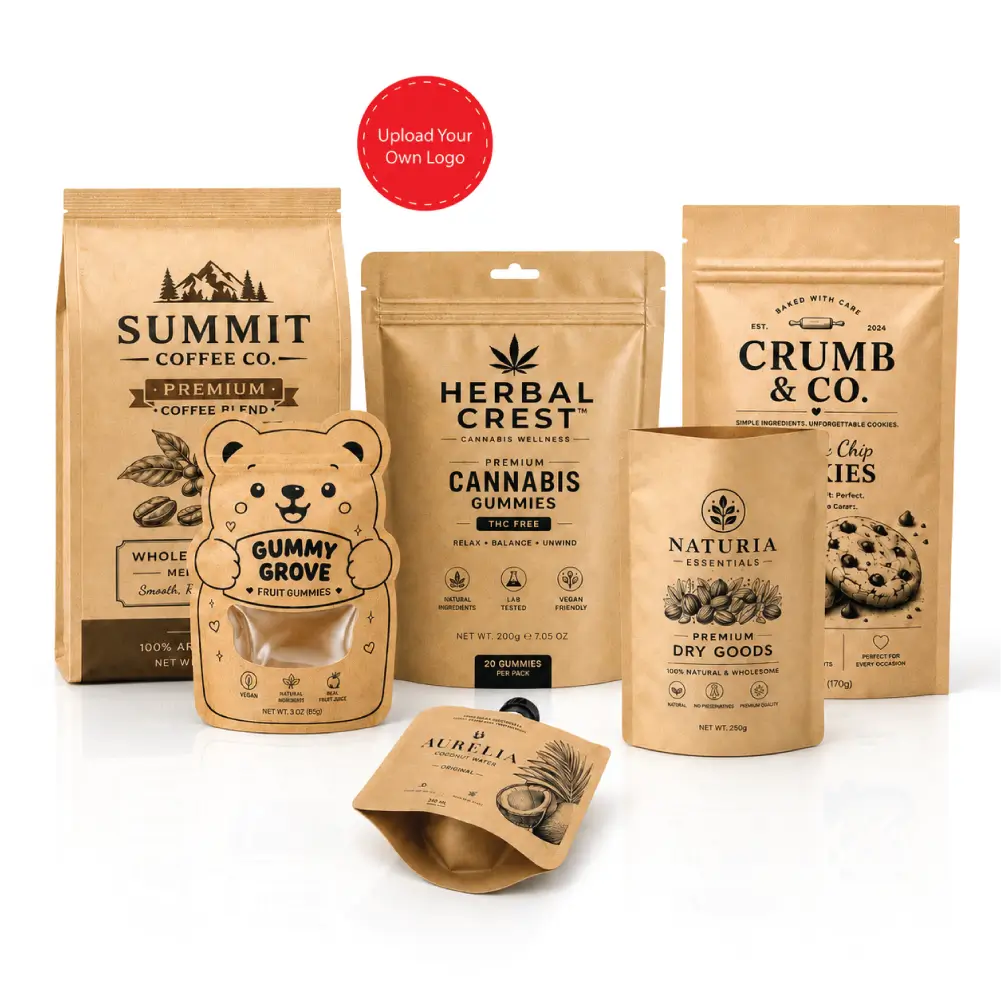 Custom kraft stand up pouches with resealable zipper for food packaging