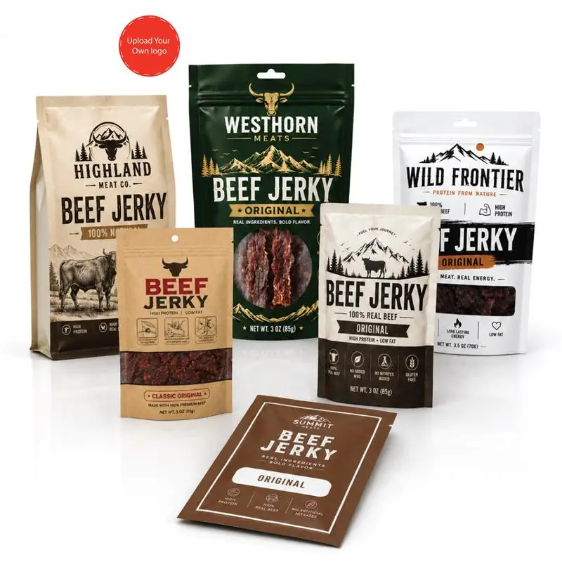 custom beef jerky pouches in the us with printed designs and resealable packaging