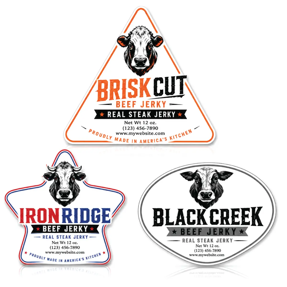 Die-Cut Beef Jerky Labels Featuring Custom Shapes, Printed Designs, Durable Materials, And Adhesive Backing.