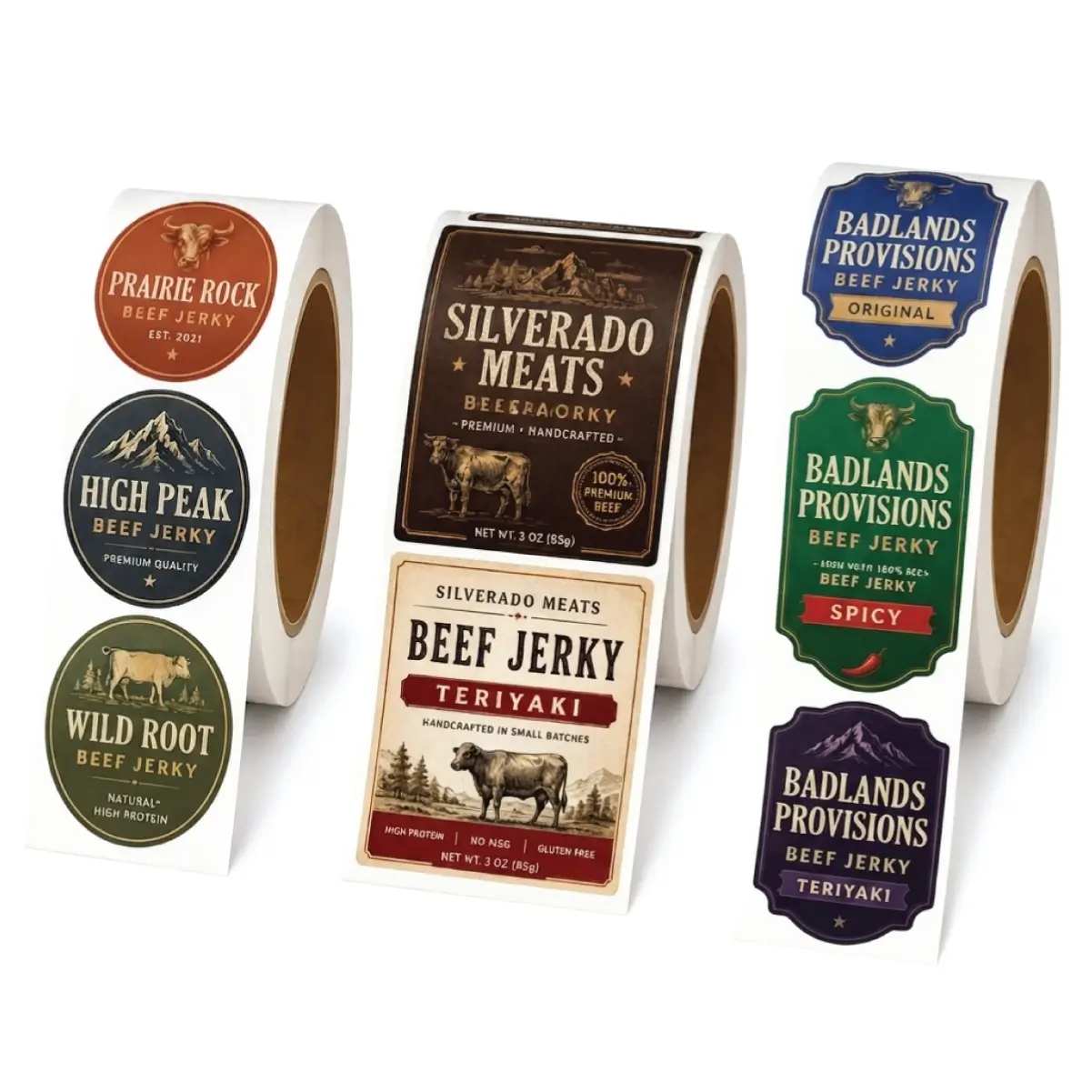 Beef jerky labels in convenient rolls with printed designs and durable materials