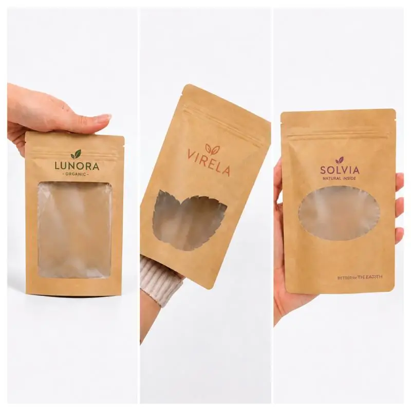 transparent window cut-outs on kraft stand up pouches