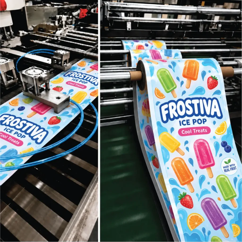Custom printed plastic popsicle wrappers with personalized artwork and logo