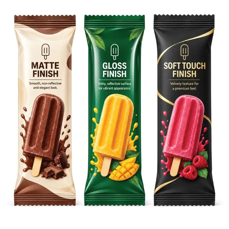 Popsicle wrappers with matte and glossy finishes